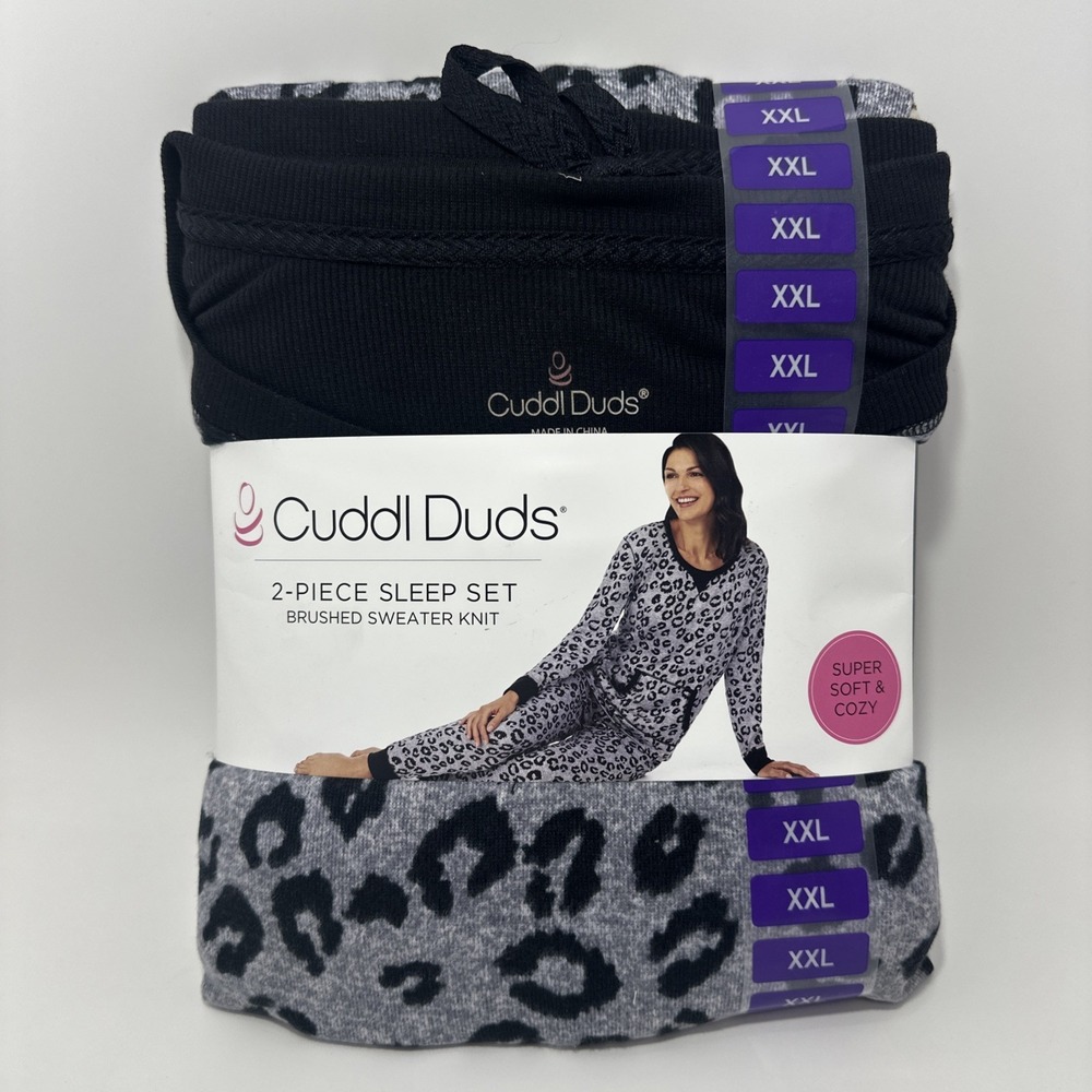 Cuddl Duds Womens 2 Piece Brushed Sweater Knit Sleep Set XXL Grey Animal 539158
